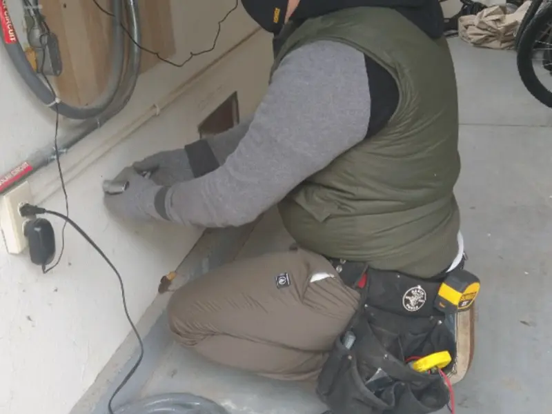 Electrician performing outlet wiring in a Cutten garage